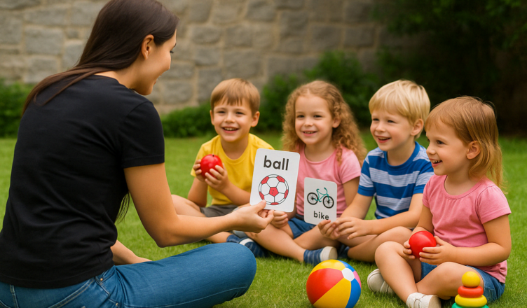 A woman teaching English to a group of children outdoors using flashcards and colorful toys, with kids smiling and learning through play. Donna che insegna inglese a un gruppo di bambini all'aperto usando flashcard e giochi colorati, con bambini sorridenti che imparano giocando.